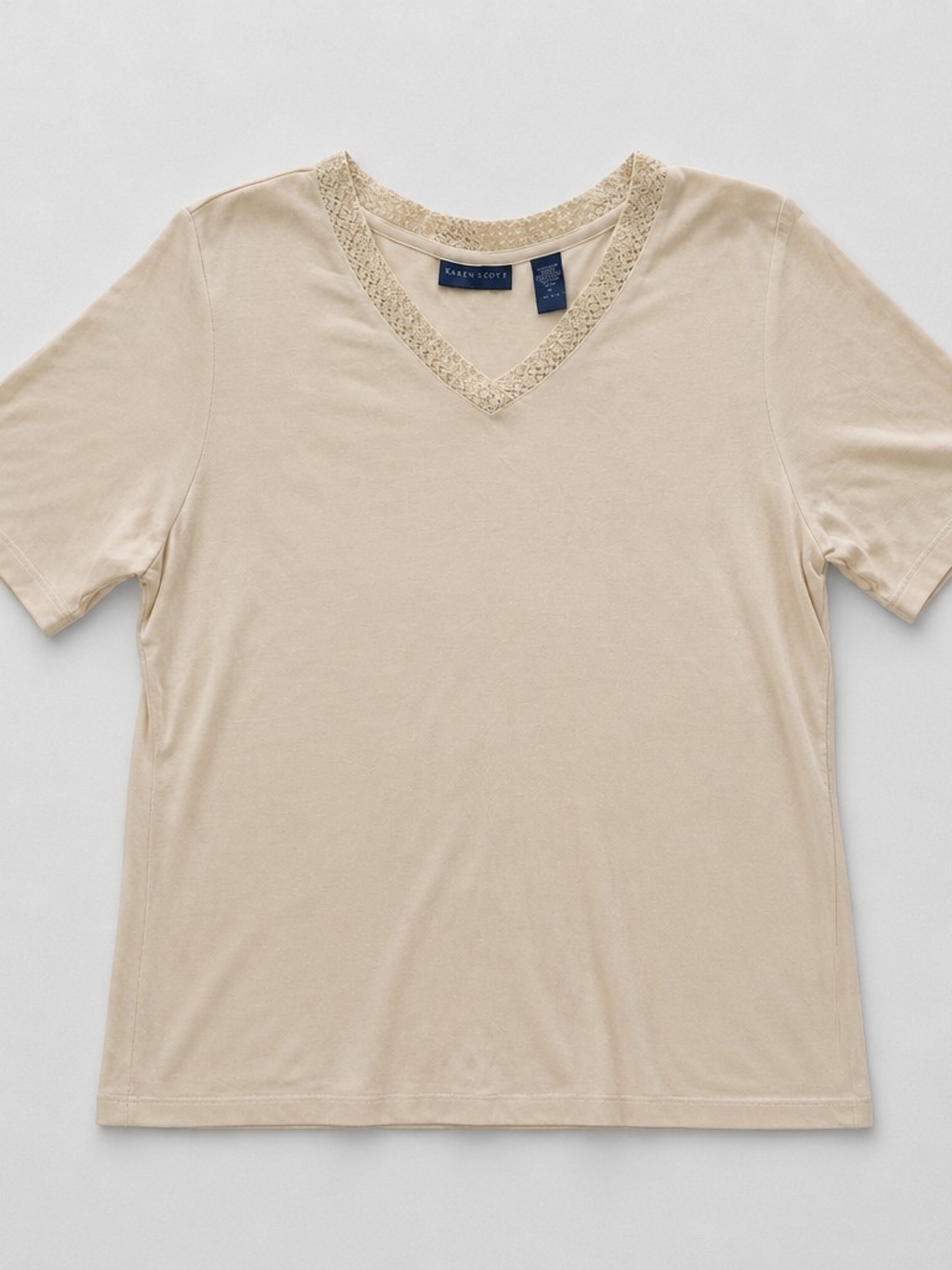 Karen Scott Beige Lace-Trim V-Neck Short Sleeve Top
